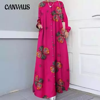 Хлопковое льняное платье-рубашка с принтом, женское повседневное винтажное платье больших размеров с длинным рукавом и длинным рукавом S тёмно-синий