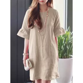 Хлопковое льняное платье женское летнее повседневное свободное платье с коротким рукавом