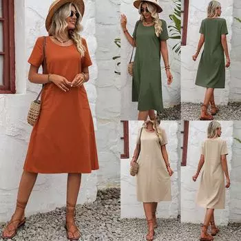 Хлопковое льняное платье женское летнее повседневное платье с карманом и коротким рукавом с круглым вырезом S оранжевый