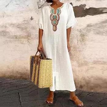 Хлопковое льняное платье, женское летнее повседневное свободное праздничное пляжное богемное длинное платье, однотонное платье, женская одежда XXXL синий