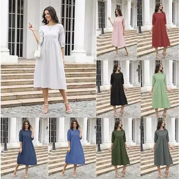 Хлопковое льняное платье женское летнее повседневное платье с круглым вырезом и половиной рукава S чёрный