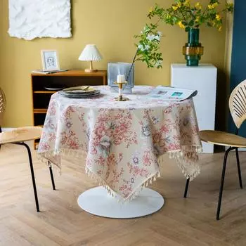 Хлопковое льняное покрытие для стола с кисточками Ретро китайский пион напечатанный для украшения дома корейские прямоугольные скатерти ресторан 90*90cm