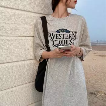 Хлопковое летнее новое корейское свободное студенческое платье с коротким рукавом и принтом букв средней длины для женщин One size белый