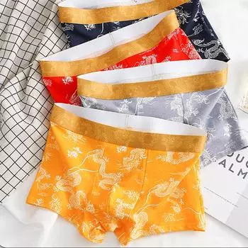 Хлопковое мягкое мужское нижнее белье с рисунком дракона, модные шорты-боксеры средней посадки, дышащие удобные трусы Homme U Pouch L темно-синий