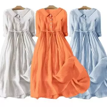 Хлопковое однотонное платье-рубашка для женщин с воротником с лацканами, коротким рукавом и завязками на пуговицах, платье миди с высокой талией, летнее дышащее легкое, мягкое, элегантное рабочее платье S абрикосовый