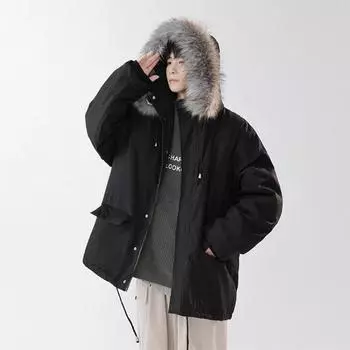 Хлопковое пальто с большим меховым воротником, зимнее утепленное модное уличное пальто в студенческом стиле с карманами S чёрный