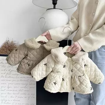 Хлопковое пальто с флисовой подкладкой для девочек в корейском стиле, зимняя одежда, хлопковое пальто с застежкой-молнией для девочек в западном стиле, утепленное хлопковое пальто для детей 90 бежевый