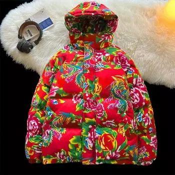 Хлопковое пальто с капюшоном и большими цветами, свободное хлопковое пальто в китайском стиле ханьфу, хлопковая куртка для тепла XXXL красный