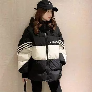 Хлопковое пальто с капюшоном, зимнее утолщенное теплое хлопковое пальто, женская повседневная свободная куртка-пуховик, пальто больших размеров 2XL чёрный