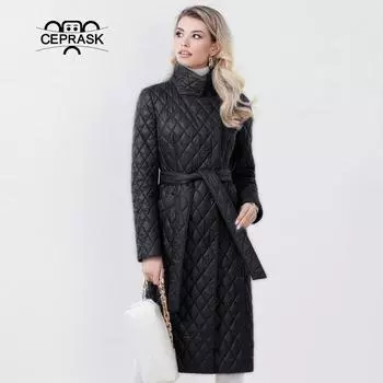 Хлопковое пальто с лацканами в уличном стиле средней длины, тонкая куртка с ромбовидным ремнем, темпераментная темпераментная куртка L чёрный