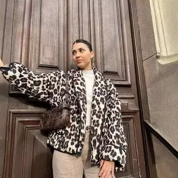 Хлопковое пальто с леопардовым принтом для женщин, свободные лацканы, карманы в стиле пэчворк, женская толстая теплая куртка, осенняя модная женская верхняя одежда S кофейный