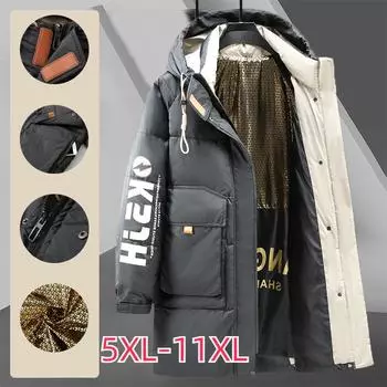 Хлопковое пальто средней длины размера плюс, мужское осенне-зимнее толстое мужское зимнее хлопковое пальто, рабочая одежда, утолщенная и свободная 5XL-11XL 11XL чёрный