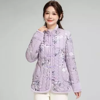 Хлопковое пальто в китайском стиле в стиле ретро с нежным принтом и мягкой хлопковой подкладкой M фиолетовый