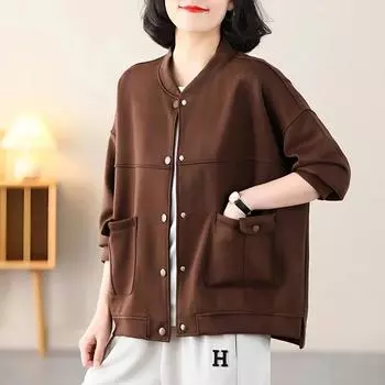 Хлопковое пальто, женский осенний повседневный бейсбольный костюм, свободная тонкая простая универсальная куртка с круглым вырезом, однотонная куртка-свитер с длинными рукавами M хаки