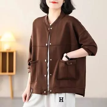 Хлопковое пальто, женский осенний повседневный бейсбольный костюм, свободная тонкая простая универсальная куртка с круглым вырезом, однотонная куртка-свитер с длинными рукавами M хаки