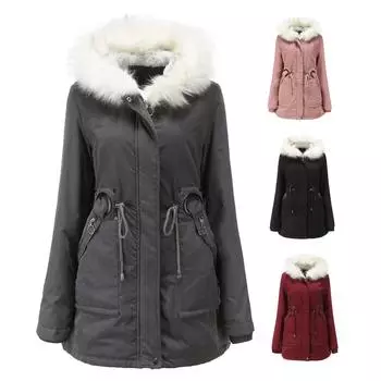 Хлопковое пальто, женское пальто средней длины с меховым воротником и капюшоном, зимнее теплое флисовое пальто, женская хлопковая одежда, морозостойкое пальто M розовый