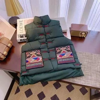 Хлопковое пальто, жилет в национальном стиле для женщин, осень и зима, вышитый в этническом стиле теплый жилет без рукавов с дисковой пряжкой M