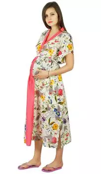 Хлопковое платье для доставки Bimba| Кафтан для кормящих мам с поясом и подарок для мамы Size: 0-10 | Length - 42-inches покинуть белый