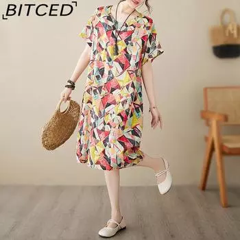 Хлопковое платье из конопли, женская летняя новая юбка-миди в стиле ретро с короткими рукавами и старением головы One Size разноцветный