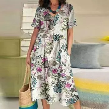 Хлопковое платье с v-образным вырезом. Оставайтесь крутым, шикарное, повседневное, с красочным принтом, модное, элегантное, со свободным подолом, повседневное платье, летняя одежда. 3XL темно-синий