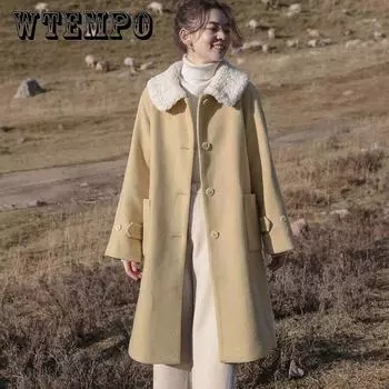 Хлопковое плотное зимнее шерстяное пальто средней длины, женское теплое шерстяное пальто с кукольным воротником из овечьей шерсти XL