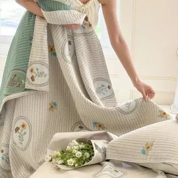 Хлопковое покрывало, состоящее из трех частей, окрашенное в пряжу жаккардовое марлевое одеяло, мягкое, приятное для кожи одеяло с мультяшным ворсом, можно накрыть. 200x230cm