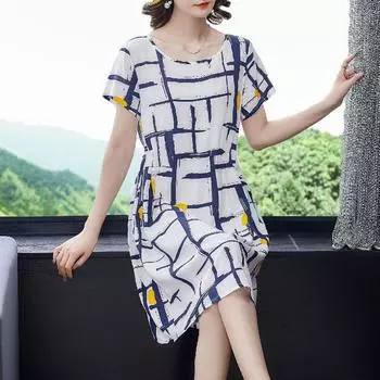 Хлопковое шелковое платье для женщин, летняя свободная и утягивающая модная модная юбка средней длины с короткими рукавами и плиссированной талией M