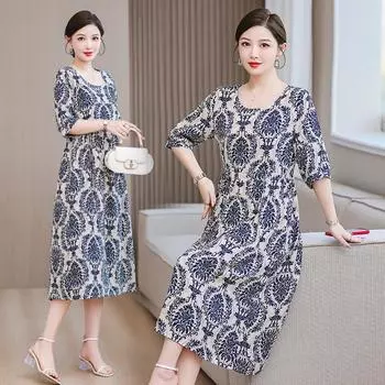 Хлопковое шелковое платье для женщин с летним темпераментом, для мам с прикрытием живота, длинная юбка из синтетического хлопка большого размера XXXXXL
