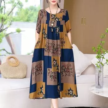 Хлопковое шелковое платье Негабаритное свободное летнее платье с короткими рукавами для мамы Пижамное платье с цветочным принтом XL