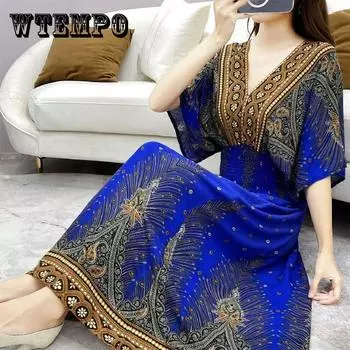 Хлопковое шелковое платье Пляжное платье средней длины с большим цветочным принтом в богемном стиле Свободное повседневное длинное платье с v-образным вырезом M