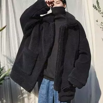 Хлопковое толстое пальто из овечьей шерсти, мужская зимняя стеганая куртка, винтажная студенческая теплая куртка в корейском стиле, мужская одежда M чёрный