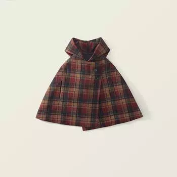 Хлопковое утолщенное шерстяное пальто с капюшоном для девочек, зимнее новое детское пальто-накидка в корейском стиле в клетку 100cm коричневый