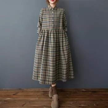 Хлопковое винтажное платье в клетку большого размера с длинным рукавом, новинка, повседневное свободное платье для весны и осени для женщин M