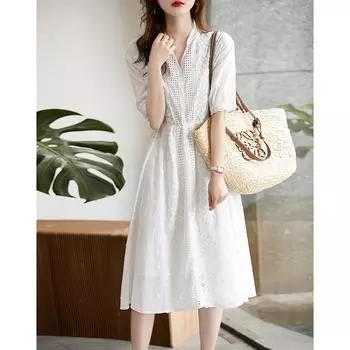 Хлопковое вышитое корейское летнее новое платье с V-образным вырезом и рукавами средней длины с кружевной вышивкой и юбкой для женщин, лето S белый