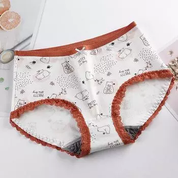 Хлопковое женское дышащее антибактериальное нижнее белье с принтом, милое нижнее белье со средней посадкой, кружевные края, бесследные треугольные брюки из чистого хлопка S