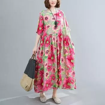Хлопковое женское повседневное свободное длинное летнее платье с коротким рукавом больших размеров