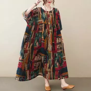 Хлопковое женское повседневное свободное длинное платье больших размеров с коротким рукавом