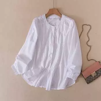 Хлопковые блузки и рубашки с круглым вырезом и длинными рукавами для женщин, весенняя свободная рубашка в стиле ретро для поездок на работу M белый