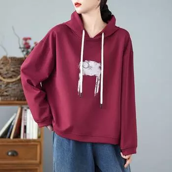 Хлопковые большие винтажные толстовки с капюшоном повседневные свободные женские весенне-осенние пуловеры толстовки с капюшоном топы M красный