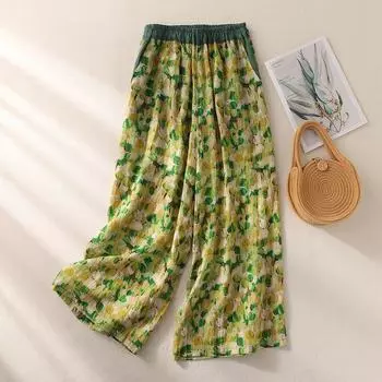 Хлопковые брюки летние женские большие размеры свободные пижамные брюки универсальные повседневные ретро широкие льняные брюки M зелёный