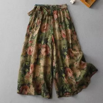 Хлопковые брюки летние женские большие размеры свободные пижамные брюки универсальные повседневные ретро широкие льняные брюки M