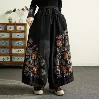 Хлопковые брюки женские летние свободные эластичные повседневные брюки женские вышивка с высокой талией тонкие прямые спортивные штаны большого размера женские M синий