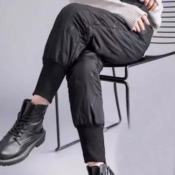 Хлопковые брюки женские осенне-зимние новые модные с высокой талией свободные утолщенные сложенные ноги теплые брюки для отдыха легкие M