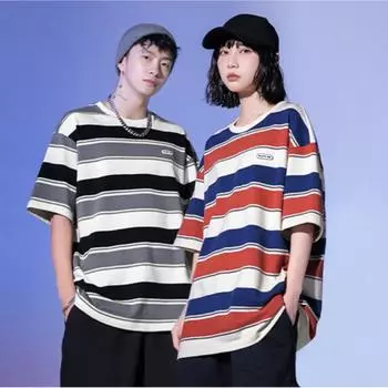Хлопковые футболки для мужчин и женщин, летние повседневные топы с короткими рукавами в полоску контрастного цвета, топы для пар, свободные мягкие футболки унисекс с круглым вырезом S чёрный