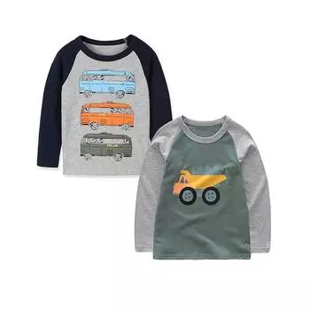 Хлопковые футболки с длинными рукавами для мальчиков, рубашка с изображением грузовика и автобуса, футболки с рисунком 90cm темно-синий/серый