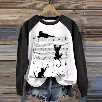 Хлопковые футболки с длинными рукавами для женщин, забавные кавайные толстовки с принтом кота и животных, женский милый пуловер с круглым вырезом, женский свитшот S