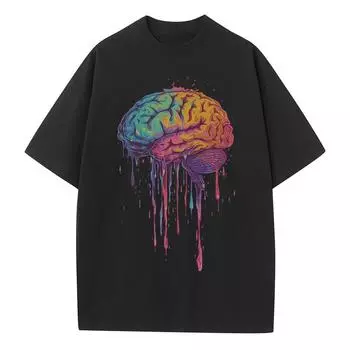 Хлопковые футболки с графическим принтом, красочная иллюстрация мозга, унисекс топы, тяжелая ткань, со спущенным плечом, оверсайз футболка S