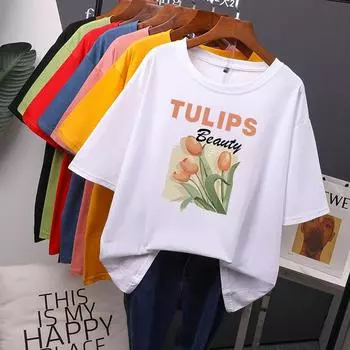 Хлопковые футболки с принтом Foral, женские летние свободные футболки Harajuku Kawaii для девочек, повседневные женские топы с короткими рукавами M чёрный