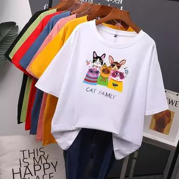 Хлопковые футболки с принтом «Семья кошек», женские летние свободные футболки Harajuku Kawaii для девочек, повседневные женские топы с короткими рукавами M чёрный