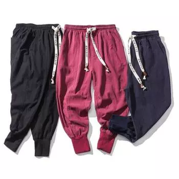 Хлопковые и льняные эластичные большие мужские повседневные брюки в китайском стиле M чёрный